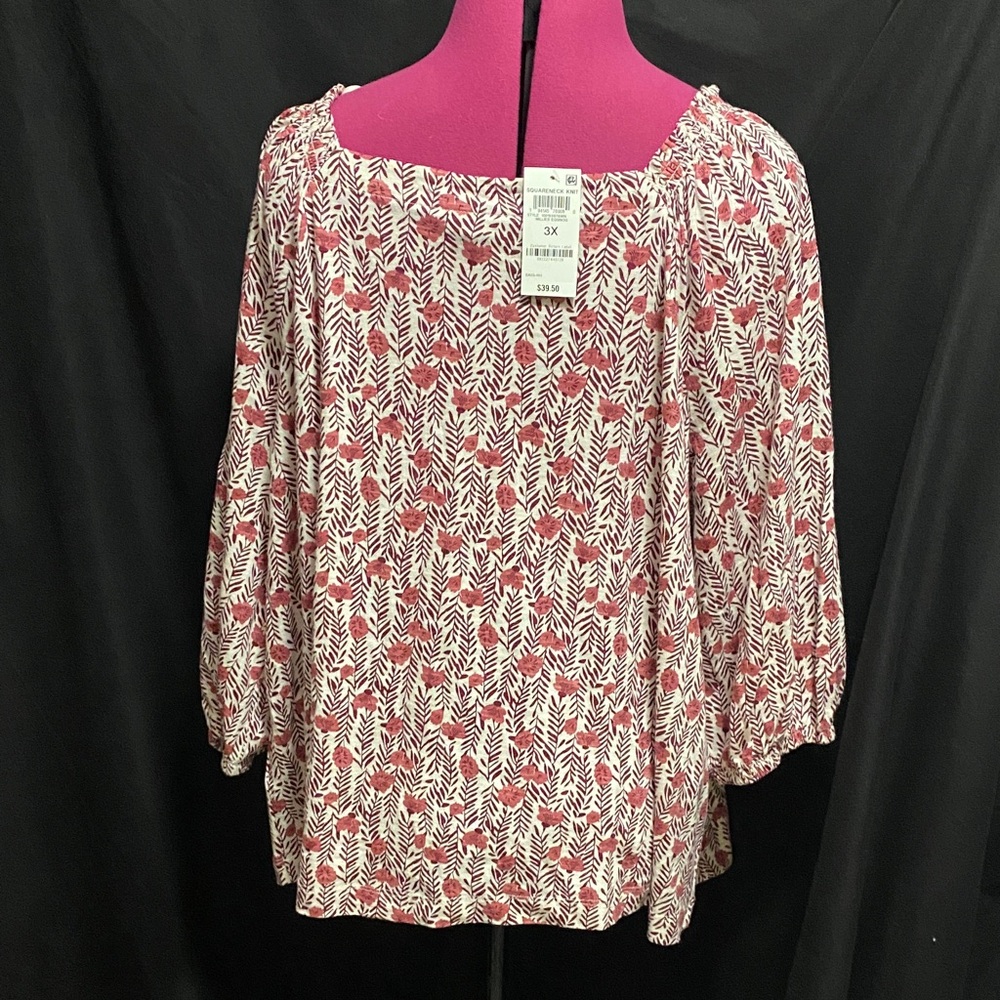 NWT Style & Co. Pink and White floral peasant BoHo 3/4 sleeve Blouse 3x - Picture 4 of 7